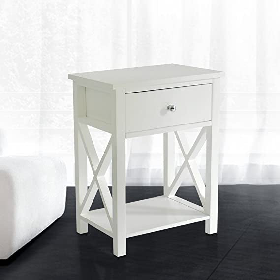 Magic UNION X-Design - Mesa auxiliar de noche con cajón de almacenamiento, color blanco y moderno
