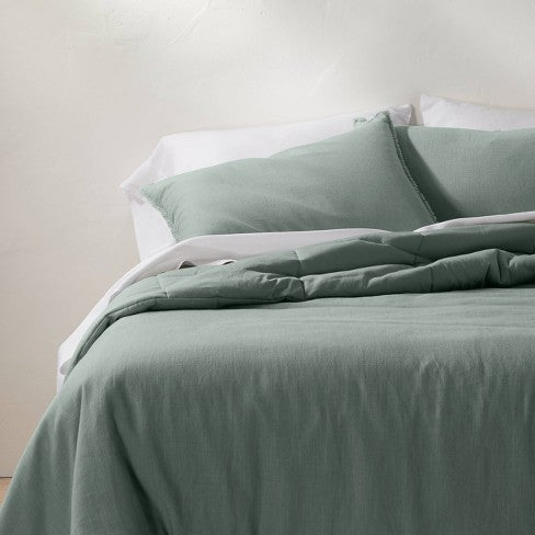 Full/Queen Heavyweight Linen Blend Comforter & Sham Set Sage Green - Casaluna™