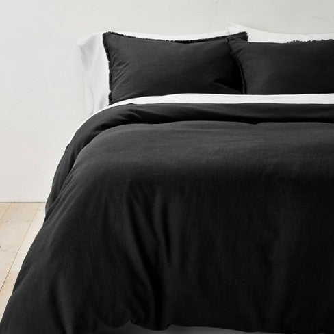 King Heavyweight Linen Blend Duvet Cover & Sham Set Washed Black - Casaluna™