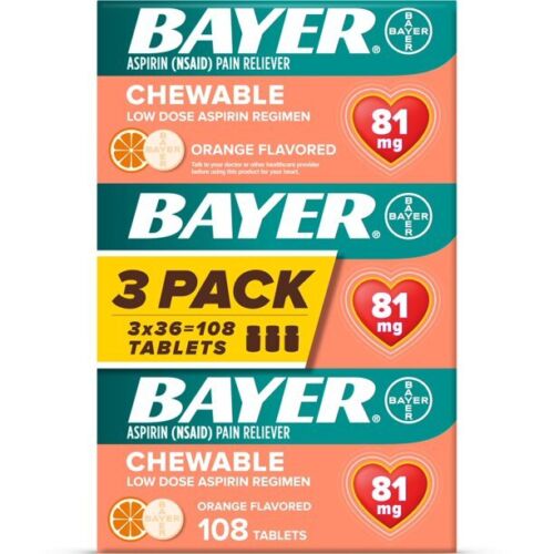 Bayer Chewable 'Baby' Aspirin 81mg Low Dose CHERRY 36 Tablets (3 pack) DLC: 06/24