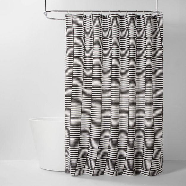 182cm x 182cm Colorblock Stripe Shower Curtain Black/White - Room Essentialsa