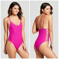 Women's Textured Strappy Side One Piece Hot Pink Small