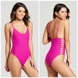 Women's Textured Strappy Side One Piece Hot Pink Small