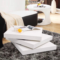 
              White Coffee Table Square 3 Tier High Gloss Modern Wooden Swivel Table
            
