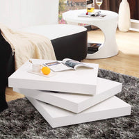 White Coffee Table Square 3 Tier High Gloss Modern Wooden Swivel Table