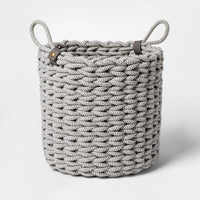 Large Coiled Rope Fishtail Weave Basket with Faux Leather Accent