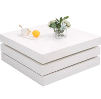 
              White Coffee Table Square 3 Tier High Gloss Modern Wooden Swivel Table
            