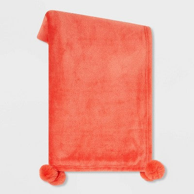 Plush Throw Blanket with Faux Fur Pom-Poms Red - Opalhouse™