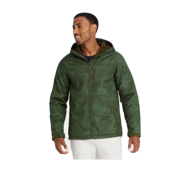 All In Motion Mens Soft Shell Sherpa Camo Hooded Jacket Coat XXL Olive Green NWT