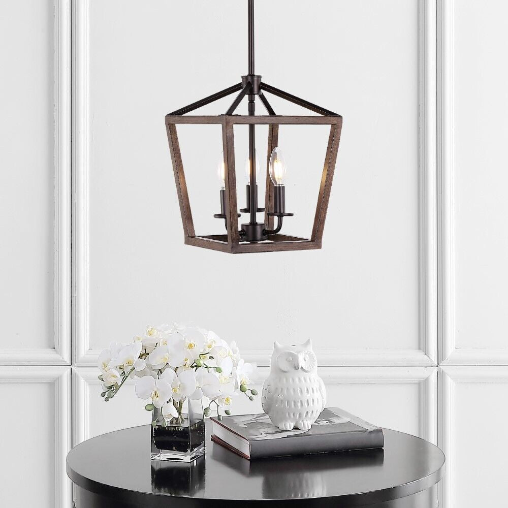 Oria 16 in. 5-Lights Oil Rubbed Bronze/Faux Wood Iron Farmhouse Industrial Lantern LED Pendant