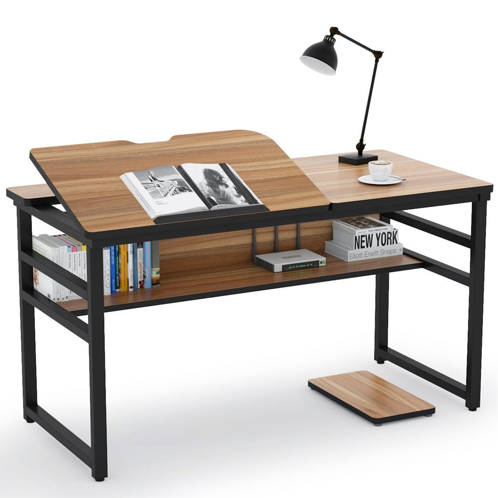 Tribesigns Modern Computer Desk with Storage Shelf, 55 inch Large Writing Desk Drafting Craft Table Drawing Table Workstation with Tiltable Tabletop for Reading, Home Office