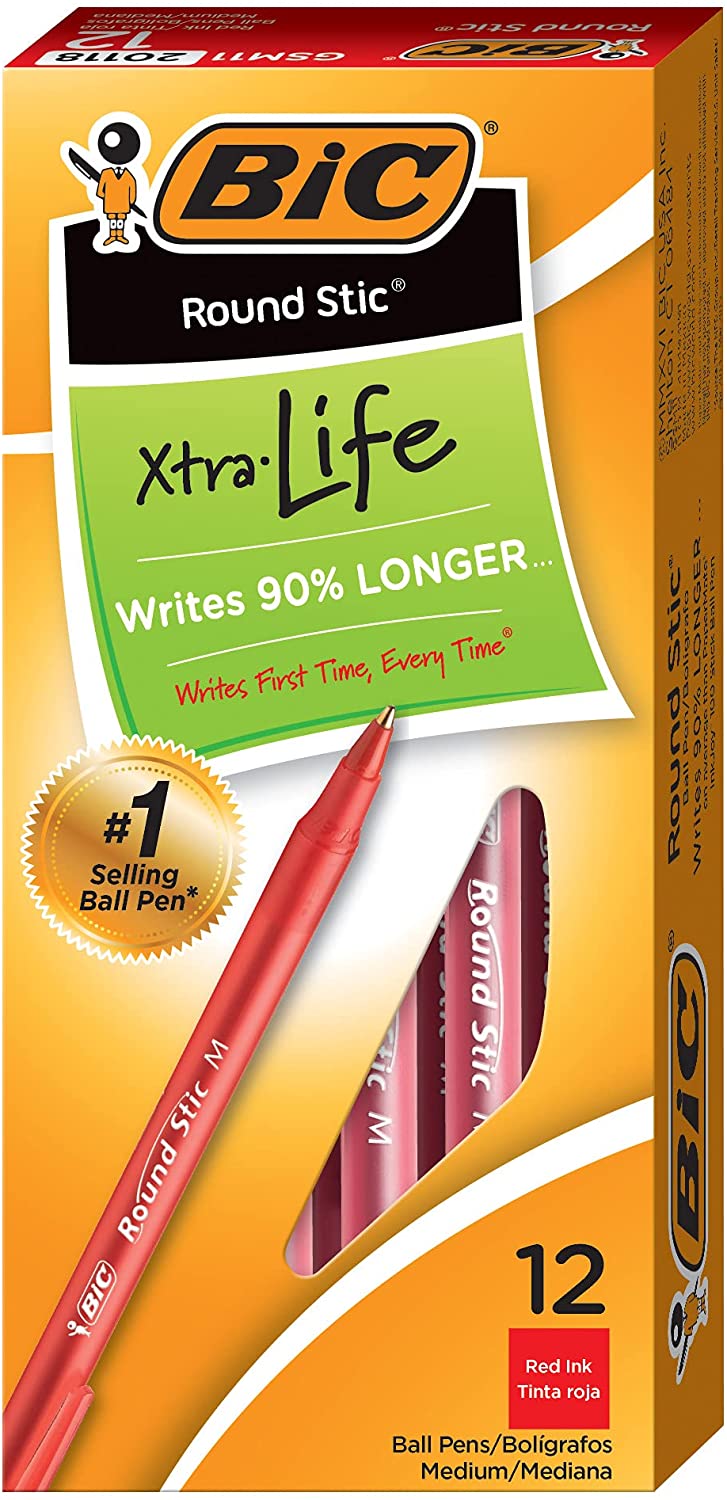 BIC Round Stic Xtra Life, Medium Point Red