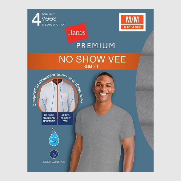 Hanes Premium Men's Slim Fit V-Neck T-Shirt Undershirt With Wicking FreshIQ