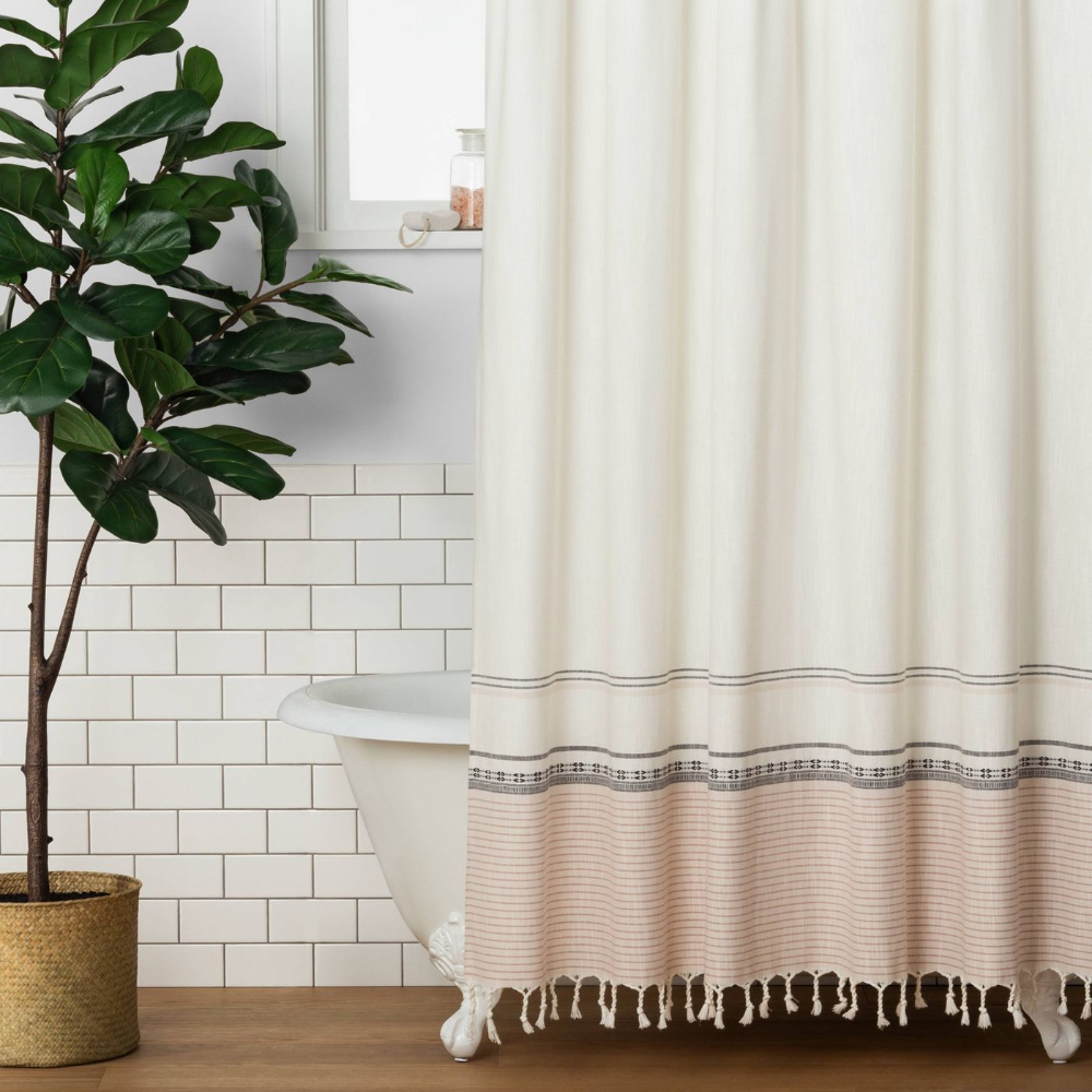Embroidery Border Stripe Shower Curtain Taupe - Hearth & Handâ„¢ with Magnolia