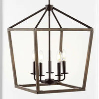 Oria 16 in. 5-Lights Oil Rubbed Bronze/Faux Wood Iron Farmhouse Industrial Lantern LED Pendant