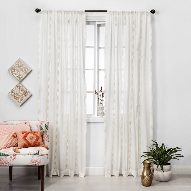 106cm x 241cm Lace Trim Light Filtering Window Curtain Panel Sour Cream (Two Panel)