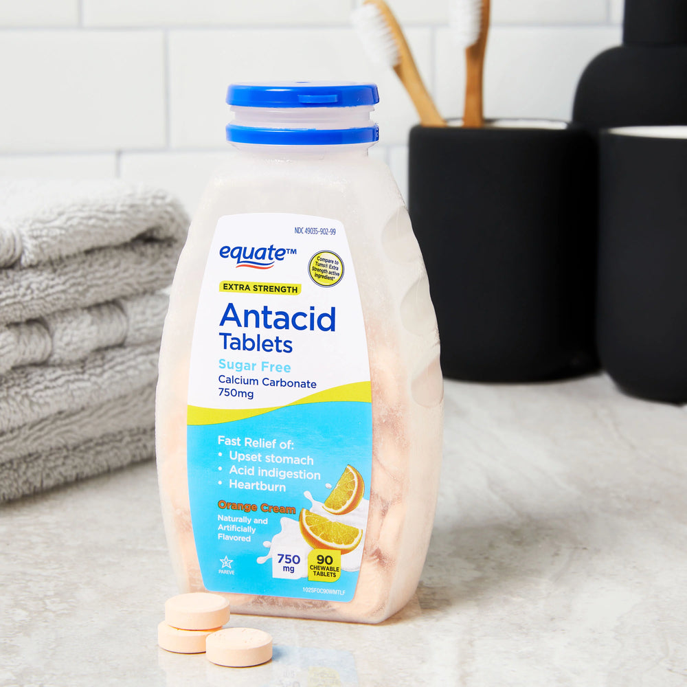 Equate Extra Strength sugar Free Antacid Orange Cream Chewable , 750 mg , 90 Ct DLC:Sept 2023 MCI