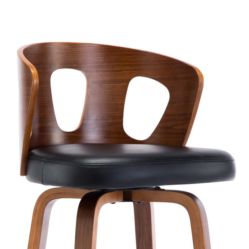 Wood and Black Faux Leather Mid-Century Modern Swivel Barstool with Decorative Back 26-Inch Seat Height