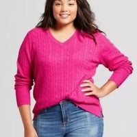 Women's Plus Size V-Neck Cable Knit Sweater - PINK - X