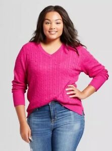Women's Plus Size V-Neck Cable Knit Sweater - PINK - X